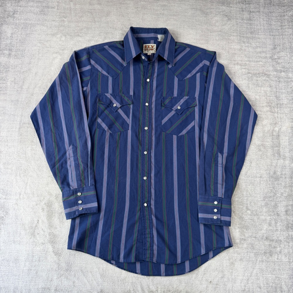 Ely Cattleman Shirt Mens Small Blue Striped Pearl Snap Flannel Long Sleeve Yoke